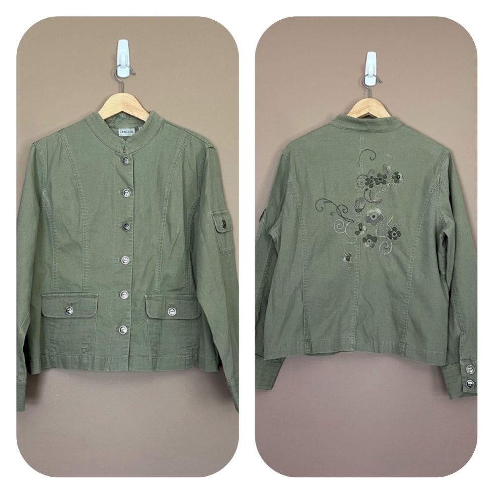 {Chico's} Embroidered Button Front Jacket in Olive Green - Womens Large